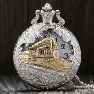 New Silver & Gold Colored Locomotive Design Pocket Watch w/ Chain